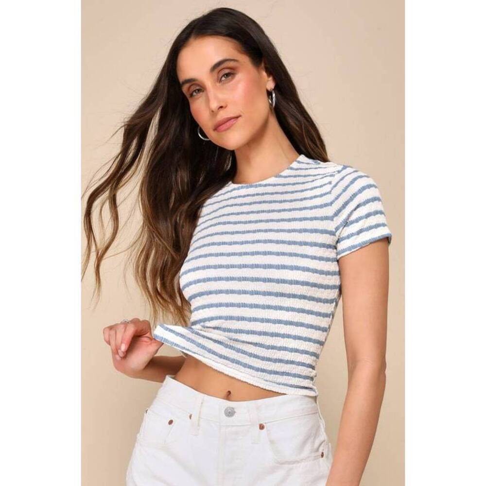 Lulus Cutest Direction Ivory Striped Short Sleeve Top White - Size XL